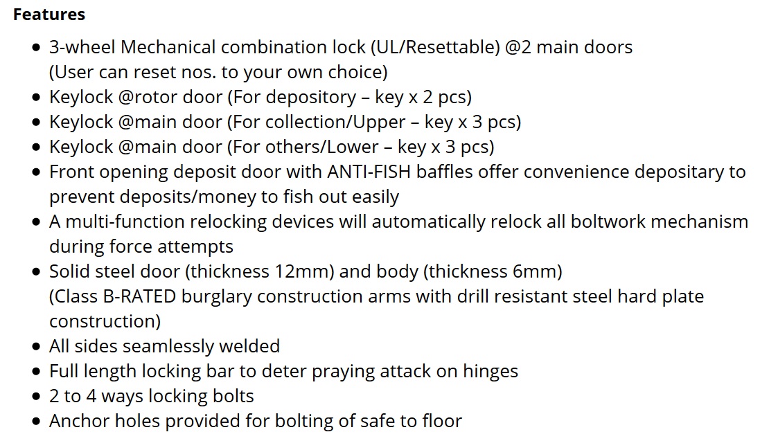 Night Deposit Safes - Features