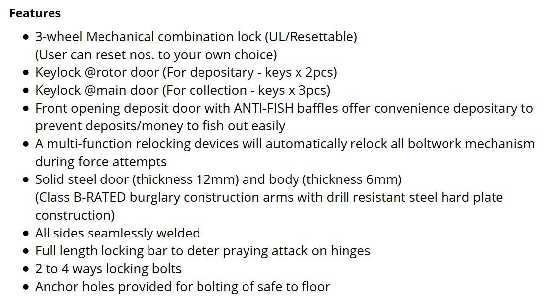 Night Deposit Safes - Features