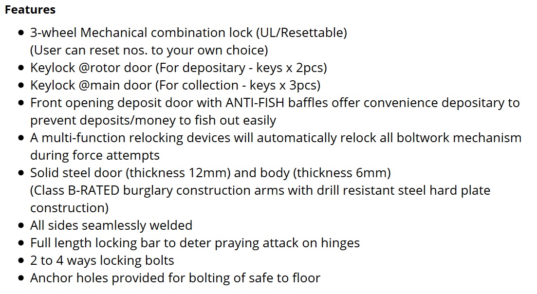 Night Deposit Safes - Features