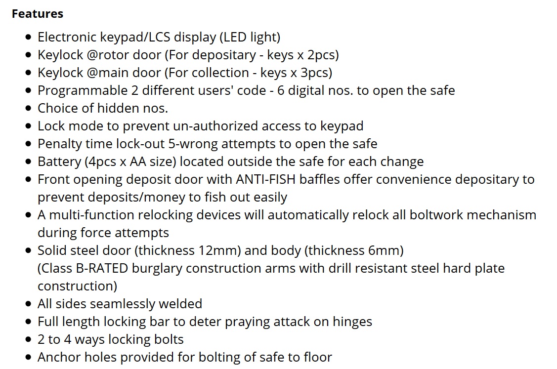 Night Deposit Safes - Features