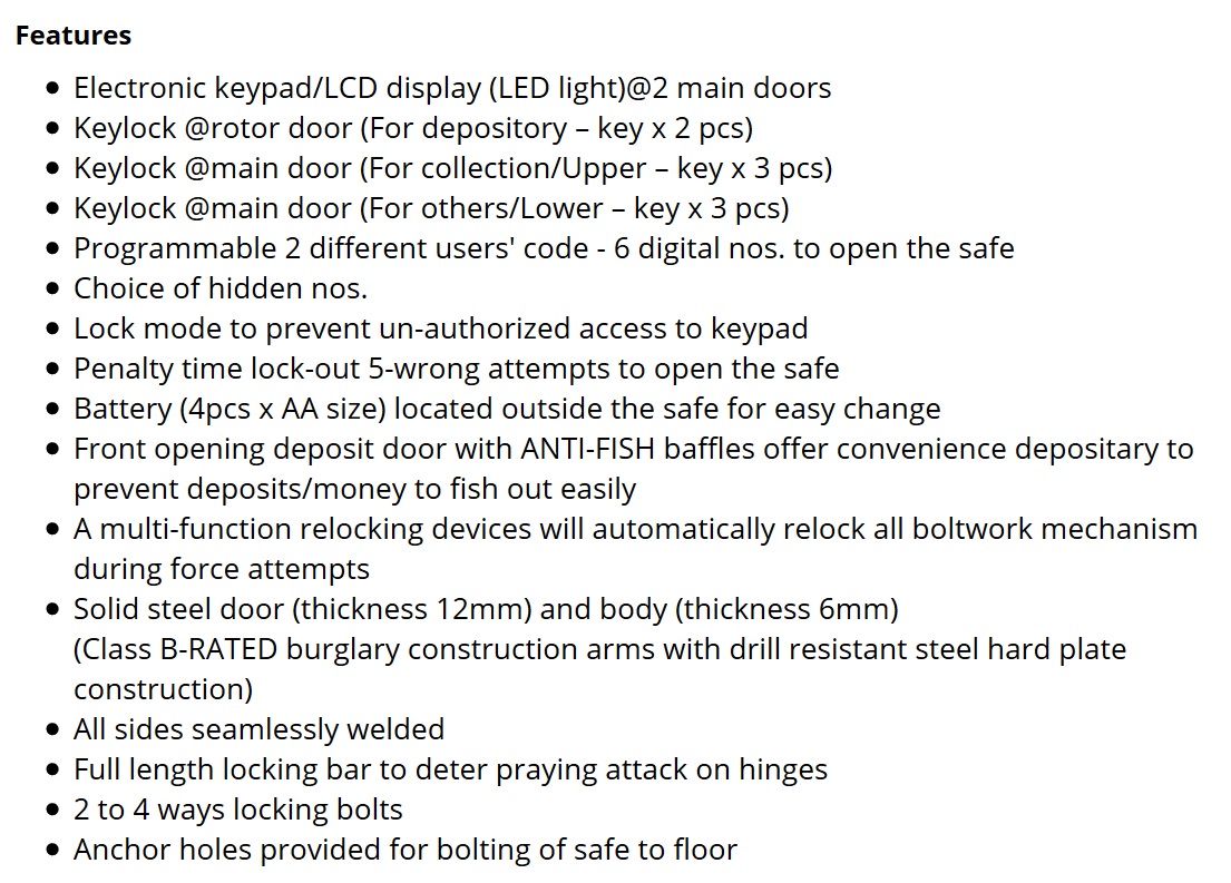 Night Deposit Safes - Features