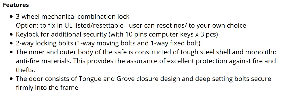 Combination Dials & Keylock Safes - Features